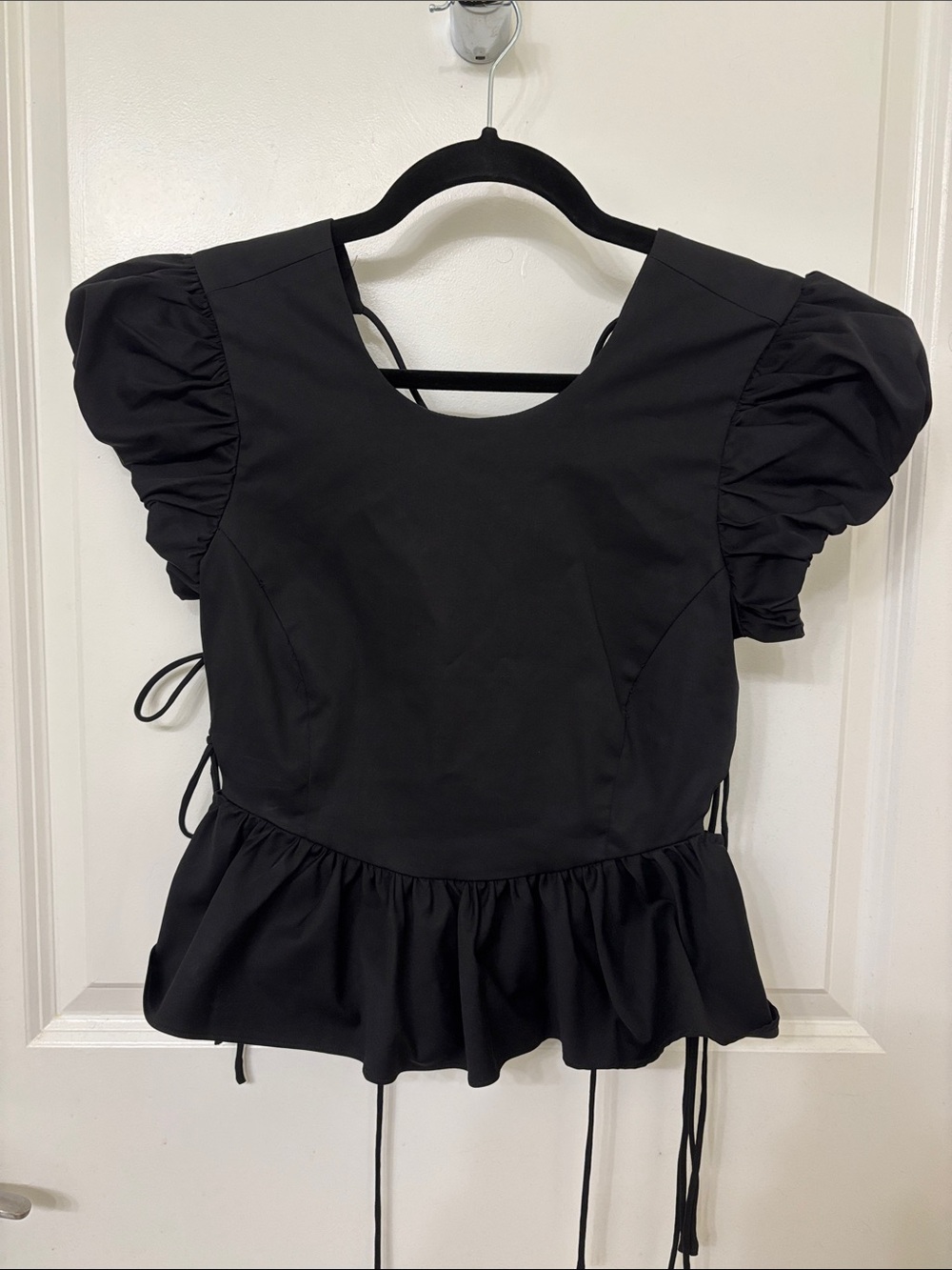 Black Puff-Sleeve Peplum Blouse - Unbranded